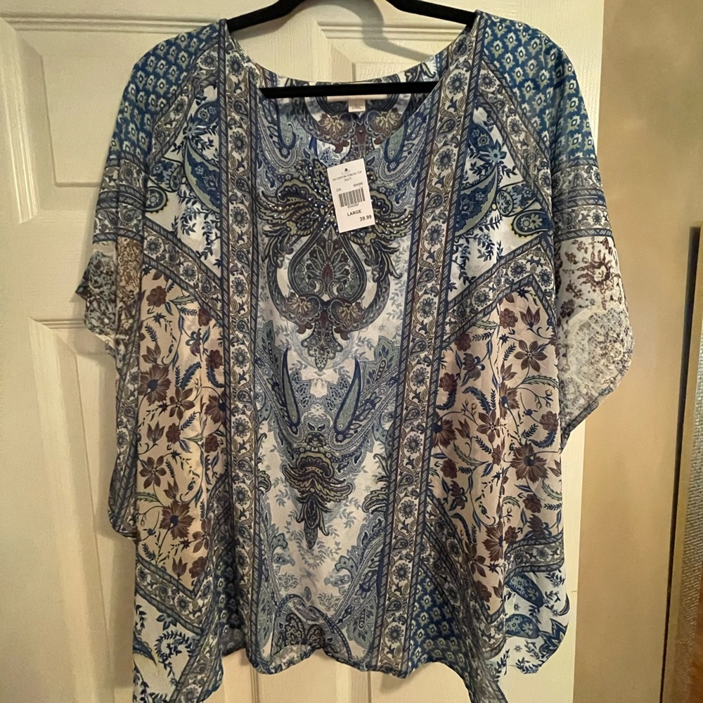 Blue print chiffon tunic blouse